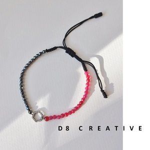 Hand woven pink agate with hematite and sterling silver pendant bracelet
